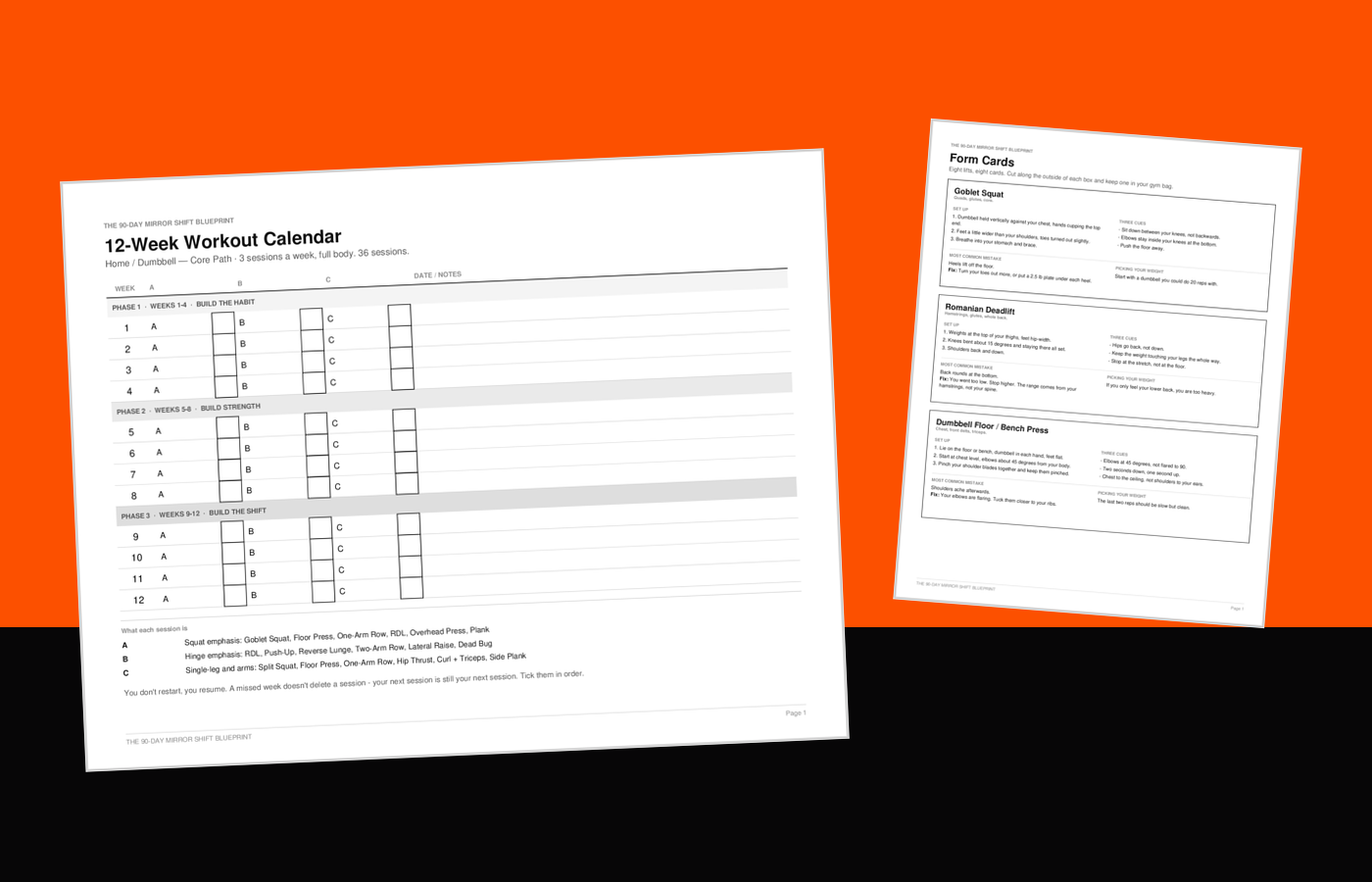The 12-week workout calendar and the form cards from The 90-Day Mirror Shift Blueprint, laid on an orange ground